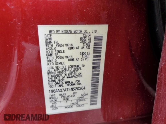 2005 Nissan Titan XE with VIN 1N6AA07A75N520364, listed as a Copart auction lot 46874915 with 234,431 mi miles and Clean Title. Bid and sale history available at DreamBid. Image 12.
