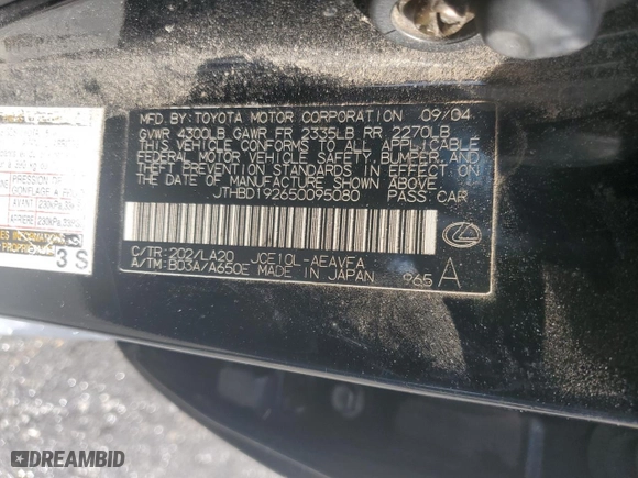 2005 Lexus IS 300 Sport with VIN JTHBD192650095080, listed as a Copart auction lot 42356455 with 220,885 mi miles and Salvage Title. Bid and sale history available at carsss.com. Image 12.