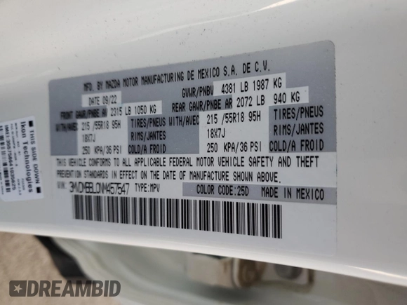 2022 Mazda CX-30 S Select z VIN 3MVDMBBL0NM457547, wystawiony jako Copart lot #55228905 z przebiegiem Nie podano mil oraz Szkoda całkowita • Salvage title. Historia ofert i sprzedaży dostępna na DreamBid. Obrazek 13.