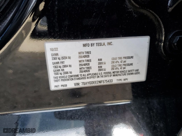 2022 Tesla Model Y Long Range with VIN 7SAYGDEE2NF575433, listed as a Copart auction lot 47576175 with 53,642 mi miles and Salvage Title. Bid and sale history available at carsss.com. Image 13.