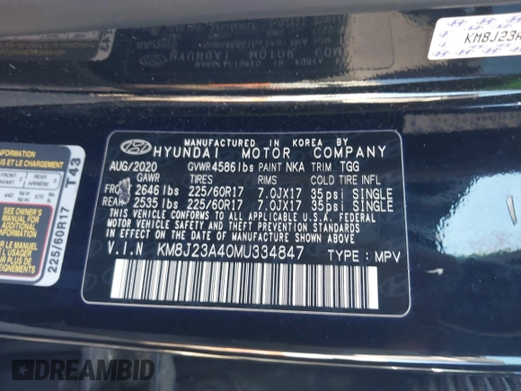 2021 Hyundai Tucson SE with VIN KM8J23A40MU334847, listed as a IAAI auction lot 41817556 with 63,000 mi miles and . Bid and sale history available at DreamBid. Image 9.