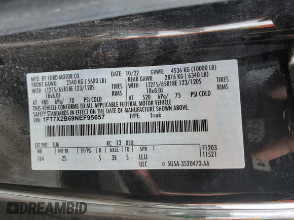 2022 Ford F-250 XL with VIN 1FT7X2B69NEF95657, listed as a Copart auction lot 50950495 with 44,978 mi miles and Salvage Title. Bid and sale history available at DreamBid. Image 13.