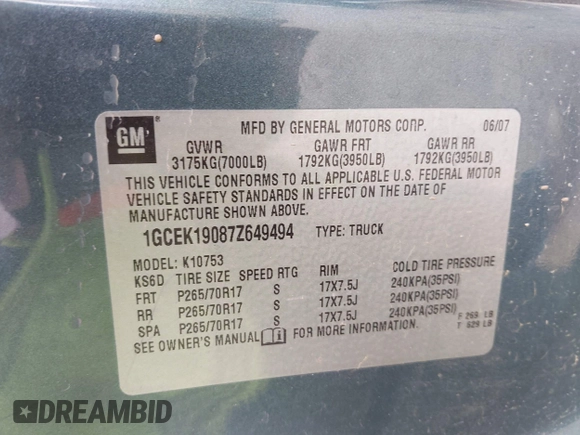 2007 Chevrolet Silverado 1500 1LT with VIN 1GCEK19087Z649494, listed as a IAAI auction lot 41913771 with 196,954 mi miles and . Bid and sale history available at DreamBid. Image 9.