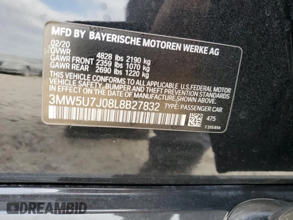 2020 BMW 3 Series M340i with VIN 3MW5U7J08L8B27832, listed as a Copart auction lot 76734584 with 0 mi miles and Salvage Title. Bid and sale history available at carsss.com. Image 12.