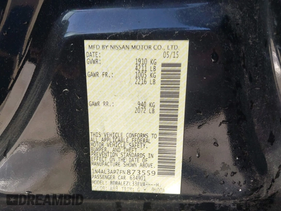 2015 Nissan Altima SL with VIN 1N4AL3AP7FN873559, listed as a IAAI auction lot 42034394 with 161,593 mi miles and . Bid and sale history available at DreamBid. Image 9.
