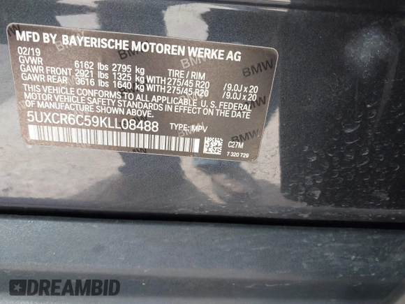 2019 BMW X5 xDrive40i with VIN 5UXCR6C59KLL08488, listed as a IAAI auction lot 41724824 with 57,334 mi miles. Bid and sale history available at carsss.com. Image 9.