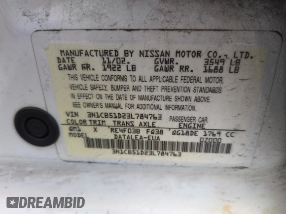 2003 Nissan Sentra XE with VIN 3N1CB51D23L784763, listed as a Copart auction lot 54683005 with Not Provided miles and Salvage Title. Bid and sale history available at DreamBid. Image 12.