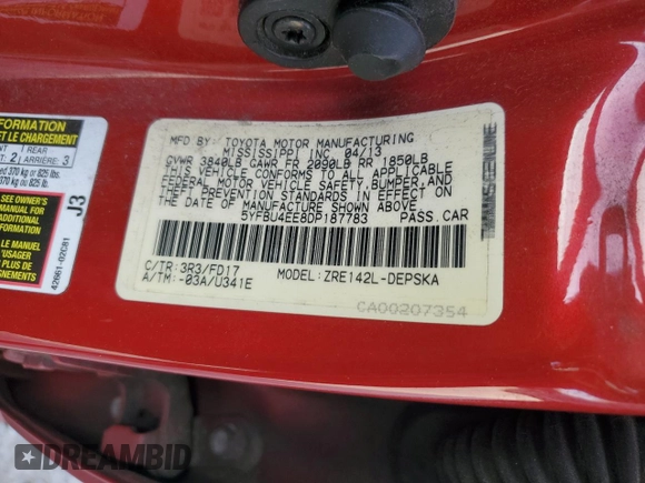 2013 Toyota Corolla L with VIN 5YFBU4EE8DP187783, listed as a Copart auction lot 50708805 with 289,773 mi miles and Salvage Title. Bid and sale history available at carsss.com. Image 12.