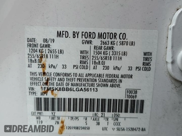 2020 Ford Explorer с VIN 1FMSK8BB6LGA56113, выставлен на аукционе Copart как лот 55289465 с пробегом 68 031 миль миль и Списание • Salvage title. История ставок и продаж доступна на DreamBid. Изображение 13.