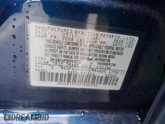 2017 Nissan Sentra SL с VIN 3N1AB7AP6HY410731, выставлен на аукционе Copart как лот 51926375 с пробегом 62 823 миль миль и Списание • Salvage title. История ставок и продаж доступна на DreamBid. Изображение 13.