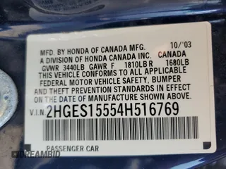 2004 Honda Civic LX with VIN 2HGES15554H516769, listed as a Copart auction lot 68873934 with 127,908 mi miles and Salvage Title. Bid and sale history available at carsss.com. Image 12.