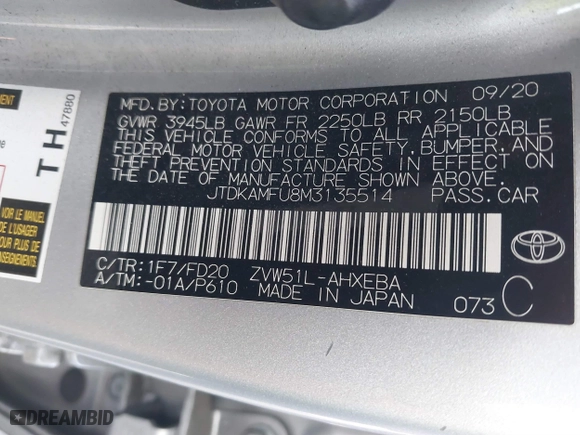 2021 Toyota Prius L Eco with VIN JTDKAMFU8M3135514, listed as a IAAI auction lot 40977114 with 70,451 mi miles. Bid and sale history available at carsss.com. Image 9.