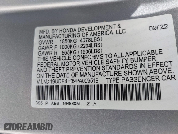 2023 Acura Integra w/A-Spec Package with VIN 19UDE4H39PA009519, listed as a IAAI auction lot 42168571 with 14,661 mi miles and . Bid and sale history available at DreamBid. Image 9.