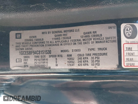 2012 Chevrolet Colorado Work Truck with VIN 1GCESBF94C8151530, listed as a IAAI auction lot 42595735 with 248,506 mi miles and . Bid and sale history available at DreamBid. Image 9.