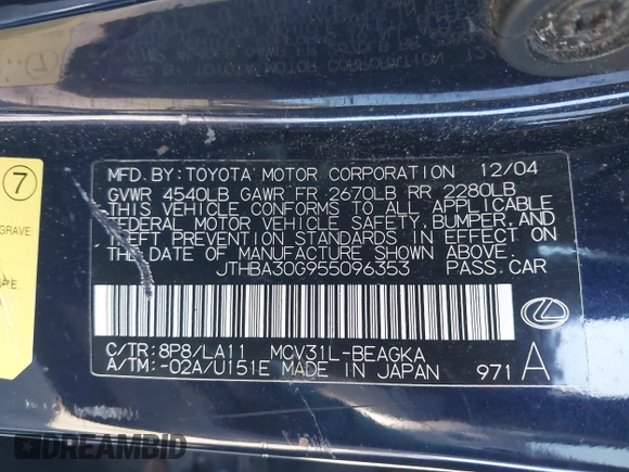 2005 Lexus ES 350 z VIN JTHBA30G955096353, wystawiony jako IAAI lot #41940137 z przebiegiem 172 947 mil mil oraz . Historia ofert i sprzedaży dostępna na DreamBid. Obrazek 9.