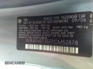 2007 BMW 5 Series 530i with VIN WBANE73577CM52878, listed as a IAAI auction lot 41357661 with 1 mi miles. Bid and sale history available at carsss.com. Image 9.