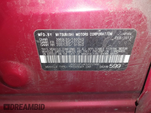 2013 Mitsubishi Lancer ES with VIN JA32U2FU4DU022566, listed as a IAAI auction lot 41999238 with 137,652 mi miles and . Bid and sale history available at DreamBid. Image 9.