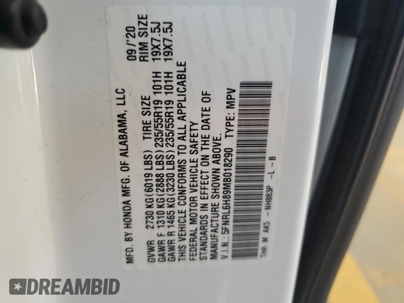 2021 Honda Odyssey Touring with VIN 5FNRL6H89MB018290, listed as a Copart auction lot 55183525 with 77,562 mi miles and Salvage title. Bid and sale history available at DreamBid. Image 13.