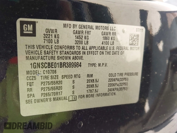 2011 Chevrolet Tahoe LT with VIN 1GNSCBE01BR389984, listed as a IAAI auction lot 42673033 with 289,294 mi miles and . Bid and sale history available at DreamBid. Image 9.