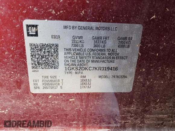 2019 GMC Yukon SLT Standard Edition with VIN 1GKS2DKC7KR319416, listed as a Copart auction lot 80272194 with 53,848 mi miles and Salvage Title. Bid and sale history available at carsss.com. Image 14.