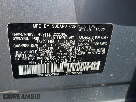 2021 Subaru Forester Touring with VIN JF2SKAXCXMH458971, listed as a Copart auction lot 64107045 with 59,672 mi miles and Salvage title. Bid and sale history available at DreamBid. Image 14.