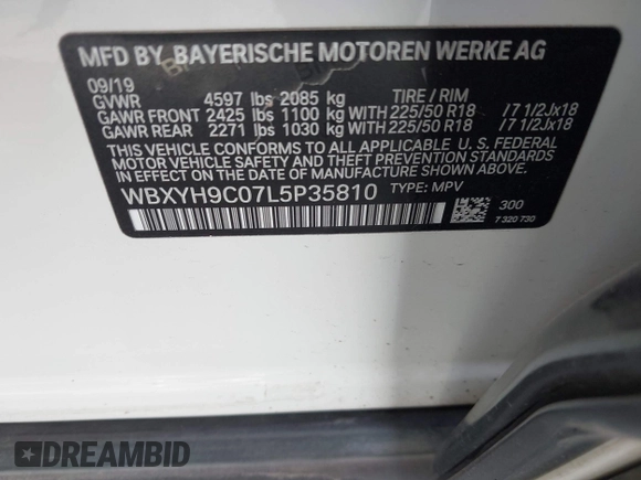2020 BMW X2 sDrive28i with VIN WBXYH9C07L5P35810, listed as a IAAI auction lot 42043222 with 101,329 mi miles and . Bid and sale history available at DreamBid. Image 9.