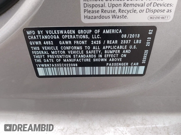 2014 Volkswagen Passat SE z VIN 1VWBN7A3XEC022098, wystawiony jako IAAI lot #42130334 z przebiegiem 88 433 mil mil oraz . Historia ofert i sprzedaży dostępna na DreamBid. Obrazek 9.