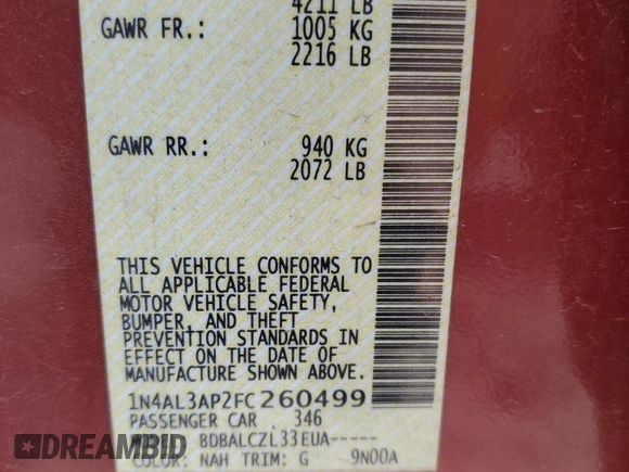 2015 Nissan Altima 2.5 with VIN 1N4AL3AP2FC260499, listed as a Copart auction lot 60375745 with 237,534 mi miles and Salvage title. Bid and sale history available at DreamBid. Image 13.
