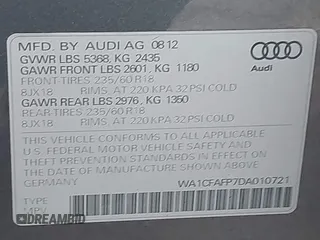 2013 Audi Q5 Premium with VIN WA1CFAFP7DA010721, listed as a IAAI auction lot 41703362 with 96,909 mi miles. Bid and sale history available at carsss.com. Image 9.