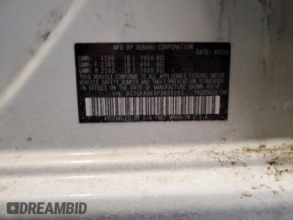 2023 Subaru Impreza with VIN 4S3GKAB69P3605093, listed as a Copart auction lot 44888315 with 42,052 mi miles and Salvage title. Bid and sale history available at DreamBid. Image 14.