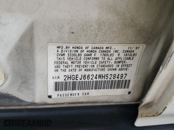 1998 Honda Civic DX with VIN 2HGEJ6624WH528497, listed as a Copart auction lot 83231964 with 132,637 mi miles and Salvage Title. Bid and sale history available at DreamBid. Image 14.