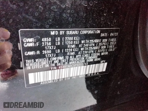 2023 Subaru Outback Premium with VIN 4S4BTADC5P3211743, listed as a IAAI auction lot 42785459 with 71,173 mi miles and . Bid and sale history available at DreamBid. Image 1.