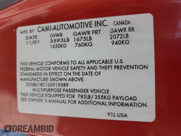 2002 Chevrolet Tracker with VIN 2CNBJ18C126919389, listed as a Copart auction lot 59916845 with Not provided miles and Salvage title. Bid and sale history available at DreamBid. Image 13.