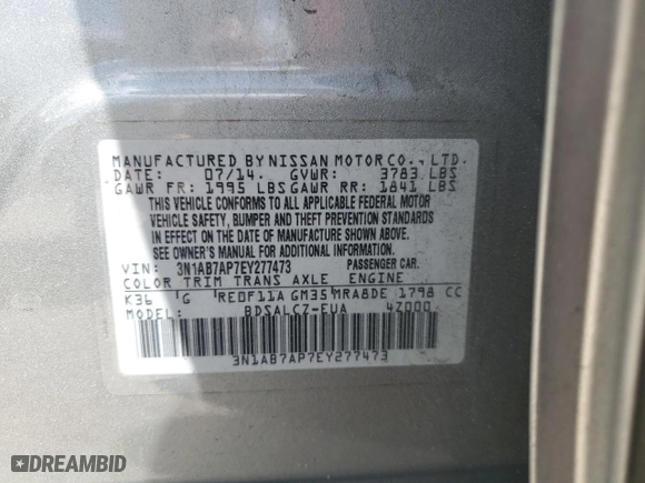 2014 Nissan Sentra SV with VIN 3N1AB7AP7EY277473, listed as a Copart auction lot 51995935 with 133,162 mi miles and Salvage Title. Bid and sale history available at carsss.com. Image 15.