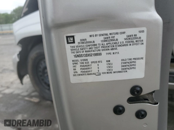 2006 Chevrolet TrailBlazer LS with VIN 1GNDS13SX62198699, listed as a Copart auction lot 54344985 with 179,016 mi miles and Salvage Title. Bid and sale history available at DreamBid. Image 13.