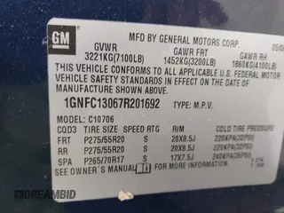 2007 Chevrolet Tahoe LT z VIN 1GNFC13067R201692, wystawiony jako IAAI lot #42084896 z przebiegiem 260 159 mil mil oraz . Historia ofert i sprzedaży dostępna na DreamBid. Obrazek 9.