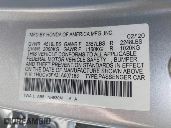 2020 Honda Accord EX with VIN 1HGCV3F43LA007163, listed as a IAAI auction lot 42317412 with 65,239 mi miles and . Bid and sale history available at DreamBid. Image 9.