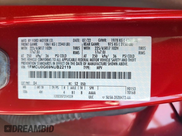 2022 Ford Escape SE с VIN 1FMCU0G69NUB22119, выставлен на аукционе Copart как лот 62914545 с пробегом 19 256 миль миль и Списание • Salvage title. История ставок и продаж доступна на DreamBid. Изображение 12.