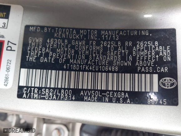 2014 Toyota Camry Hybrid LE with VIN 4T1BD1FK4EU106488, listed as a IAAI auction lot 40794286 with 98,911 mi miles. Bid and sale history available at carsss.com. Image 9.