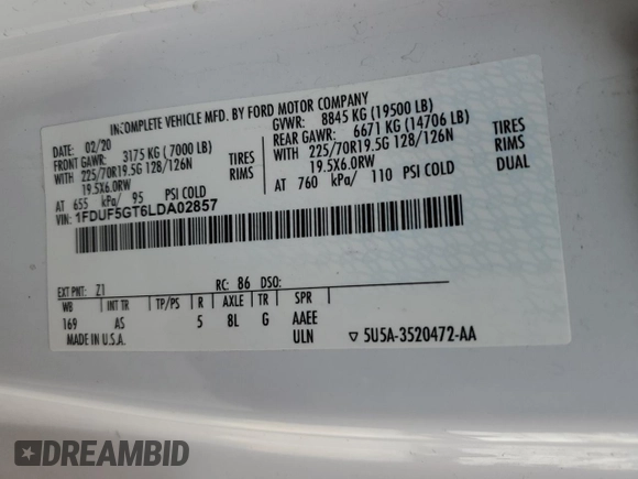 2020 Ford F-550 XL z VIN 1FDUF5GT6LDA02857, wystawiony jako Copart lot #66393634 z przebiegiem Nie podano mil oraz Nie do naprawy. Historia ofert i sprzedaży dostępna na DreamBid. Obrazek 10.