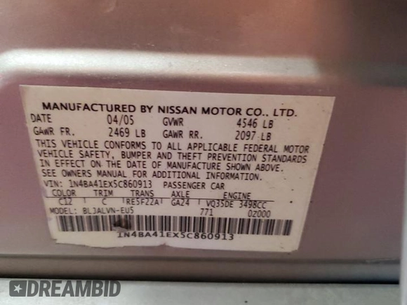 2005 Nissan Maxima SE с VIN 1N4BA41EX5C860913, выставлен на аукционе Copart как лот 60324575 с пробегом 65 913 миль миль и Списание • Salvage title. История ставок и продаж доступна на DreamBid. Изображение 13.