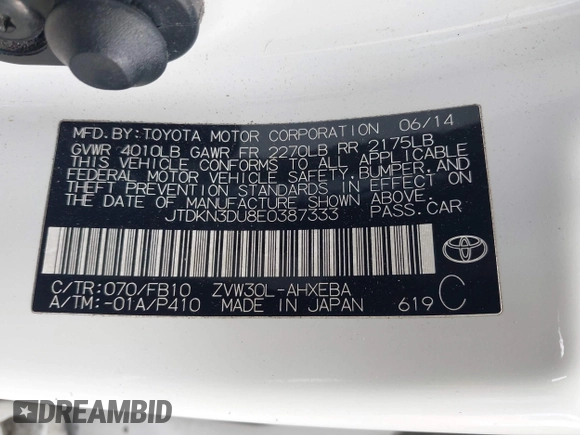 2014 Toyota Prius Four with VIN JTDKN3DU8E0387333, listed as a IAAI auction lot 42415523 with 165,252 mi miles and . Bid and sale history available at DreamBid. Image 9.