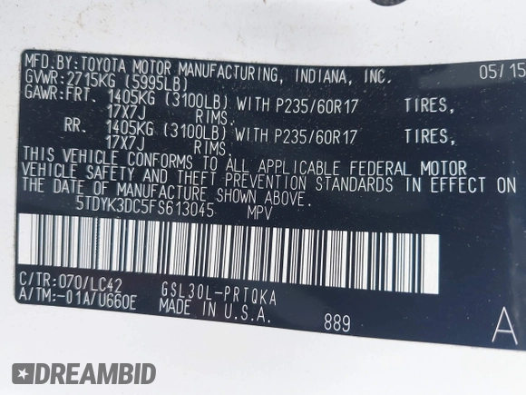 2015 Toyota Sienna XLE with VIN 5TDYK3DC5FS613045, listed as a IAAI auction lot 42276147 with 108,271 mi miles and . Bid and sale history available at DreamBid. Image 9.