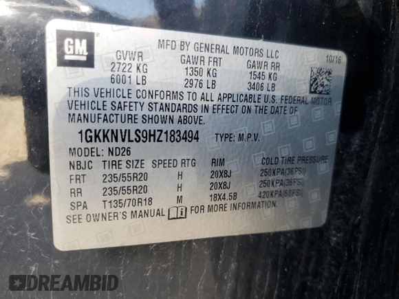 2017 GMC Acadia SLT z VIN 1GKKNVLS9HZ183494, wystawiony jako Copart lot #53958315 z przebiegiem 158 807 mil mil oraz Nie do naprawy • Non repairable. Historia ofert i sprzedaży dostępna na DreamBid. Obrazek 13.