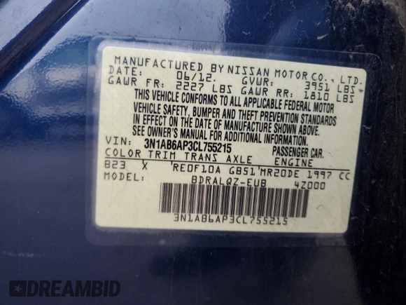 2012 Nissan Sentra 2.0 with VIN 3N1AB6AP3CL755215, listed as a Copart auction lot 48928885 with 127,159 mi miles and Salvage title. Bid and sale history available at DreamBid. Image 14.