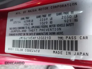 2015 Mazda 6 i Touring with VIN JM1GJ1V5XF1202210, listed as a IAAI auction lot 41231772 with 49,929 mi miles and . Bid and sale history available at DreamBid. Image 9.