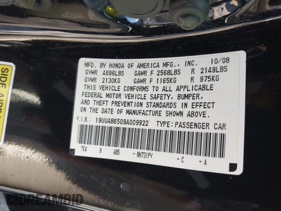 2009 Acura TL Technology z VIN 19UUA86509A009922, wystawiony jako IAAI lot #42331976 z przebiegiem 208 781 mil mil oraz . Historia ofert i sprzedaży dostępna na DreamBid. Obrazek 9.