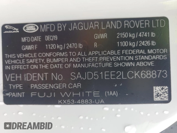2020 Jaguar F-Type with VIN SAJD51EE2LCK68873, listed as a Copart auction lot 42095325 with 8,423 mi miles and Non Repairable. Bid and sale history available at DreamBid. Image 12.