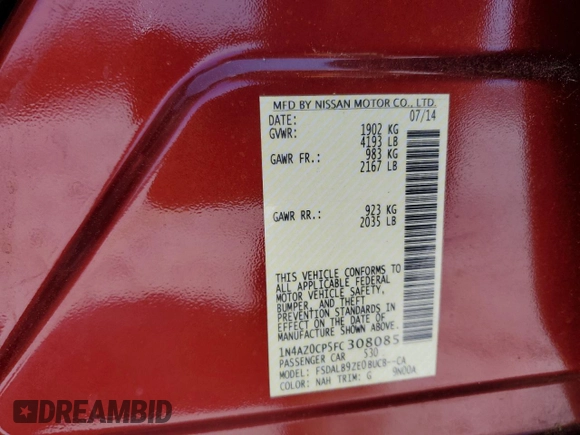 2015 Nissan LEAF S z VIN 1N4AZ0CP5FC308085, wystawiony jako Copart lot #53683985 z przebiegiem Nie podano mil oraz Szkody całkowita. Historia ofert i sprzedaży dostępna na DreamBid. Obrazek 12.