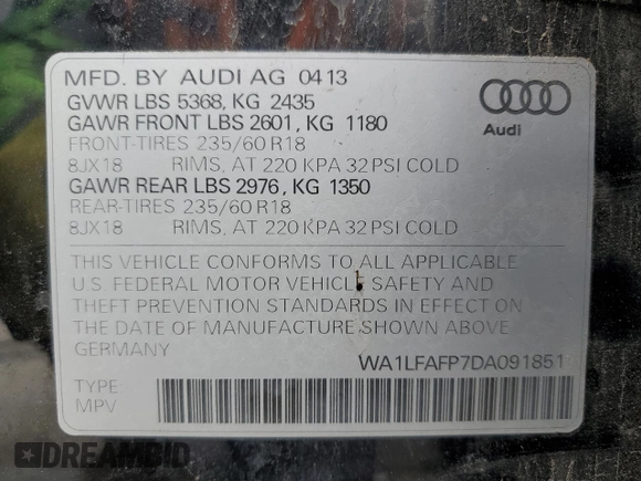 2013 Audi Q5 Premium Plus with VIN WA1LFAFP7DA091851, listed as a Copart auction lot 59974945 with 127,335 mi miles and Salvage title. Bid and sale history available at DreamBid. Image 13.